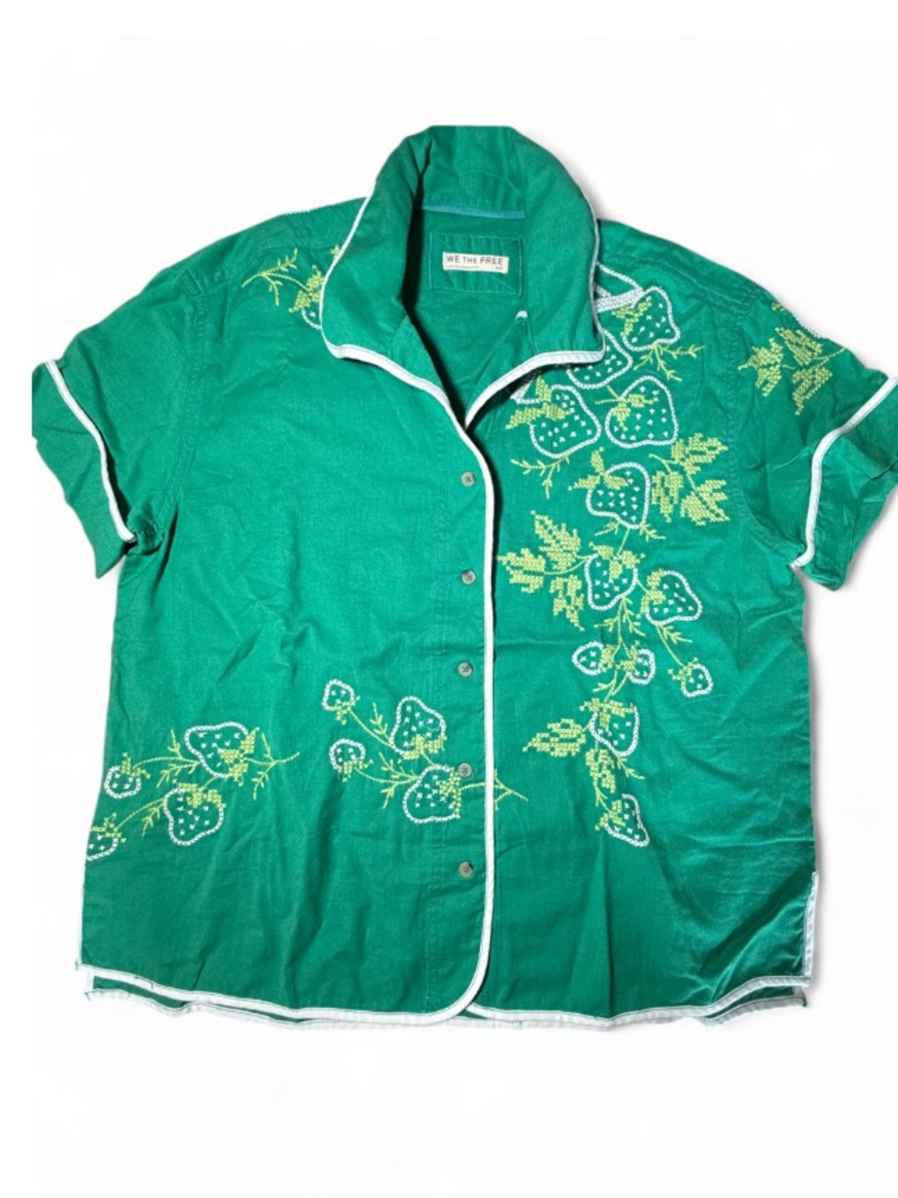 FREE PEOPLE WE THE FREE STRAWBERRY SHIRT GREEN EMBROIDERED LINEN BLEND S - Picture 4 of 6